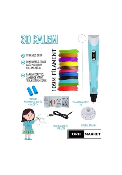 Mavi 3D Kalem 3D Pen Yazıcı Kalem – 20 Adet 5 Metrelik PLA Filament (Toplam 100M) + USB Kablo
