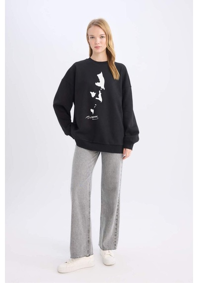 DeFacto Oversize Geniş Kalıp Bisiklet Yaka Atatürk Baskılı Sweatshirt E5445AX24WNBK81 Siyah