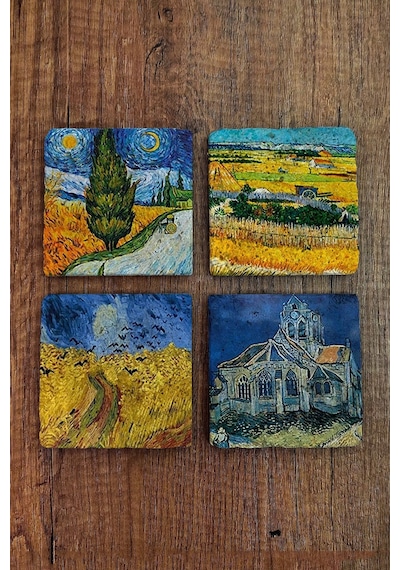 Doğal Taş Bardak Altlığı Vinced Van Gogh Eserleri Baskılı Baskılı 4'lü Set 10x10x1cm Çok Renkli
