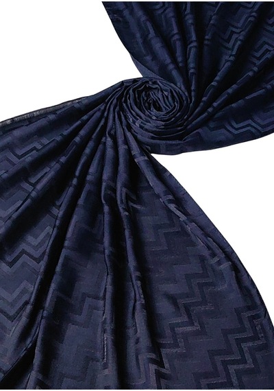 Mim Eşarp İpeksi Dokulu Jakarlı Zikzak Desenli Şal 75x190 Cm Koyu Lacivert