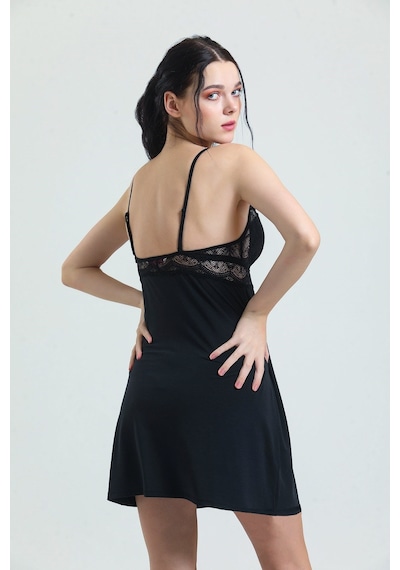 Magic Form 3778 Kadın Dantelli Modal İp Askılı Gecelik-siyah Siyah