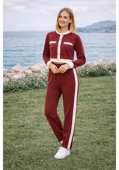 Şerit Detaylı Düğmeli Üst Pantolon 2 Li Kadın Takım Spor Şık Bordo