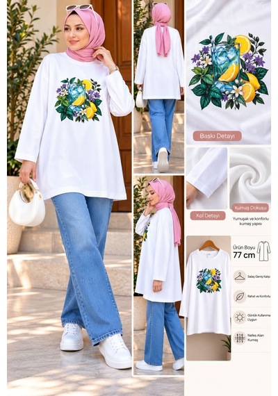 Aymiraa Kadın Tesettür Tunik Limon Desenli Çiçek Baskılı Uzun Kollu Salaş Rahat Kalıp Günlük Spor Tunik Beyaz Beyaz Aymiraa Kadın Tesettür Tunik Limon Desenli Çiçek Baskılı Uzun Kollu Salaş Rahat Kalıp Günlük Spor Tunik Beyaz Beyaz