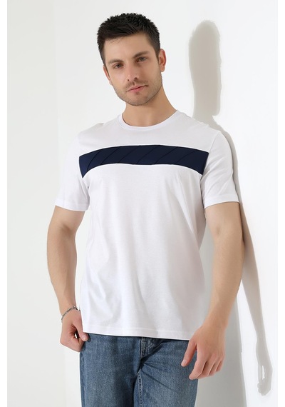 Erkek İki Renk Parçalı Bisiklet Yaka T-shirt - Pamuklu Tişört Beyaz