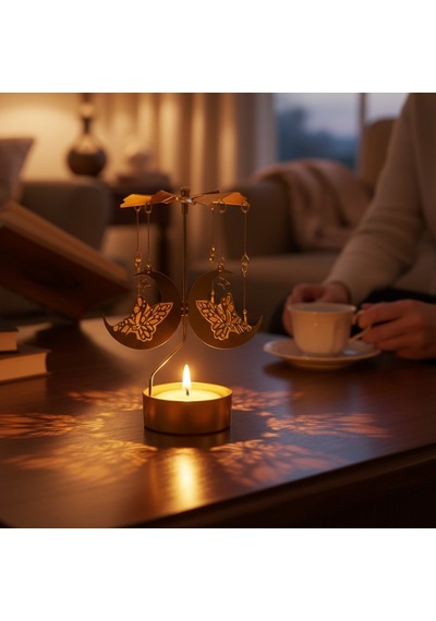 Dönence Tasarımlı Metal Tealight Mumluk Melek & Ay Figürlü Dekoratif Mumluk Gold