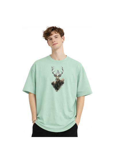Misa Tahtakale Deer - Oversize Erkek Tişört Su Yesılı Çok Renkli