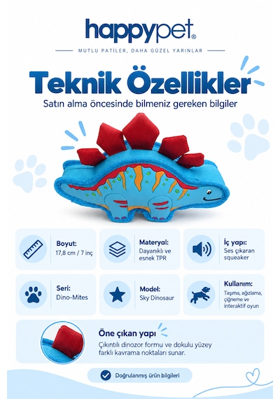 Happy Pet Sky Dinosaur Tpr Dayanıklı Dinozor Şekilli Köpek Oyuncağı