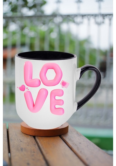 Love Baskılı Hediye İçi Siyah Lüx Kupa Bardak Porselen Çay Kahve Fincanı Siyah