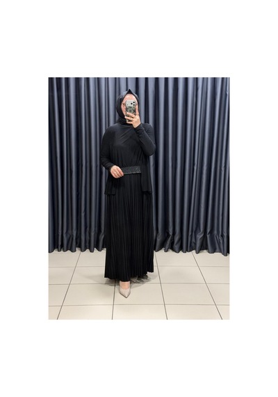 Nurcan Çetin Kadın Beli Taş Detaylı Pileli Tesettür Elbise Siyah - 930788574 Siyah