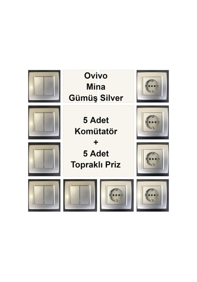 Ovivo Mina Gümüş Silver 5 Adet Komütatör + 5 Adet Topraklı Priz