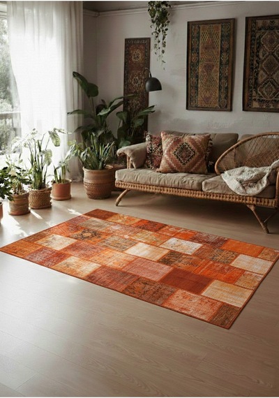 Modern Bohem Stil Vintage Halı Özel Tasarım Patchwork Koleksiyonu Turuncu