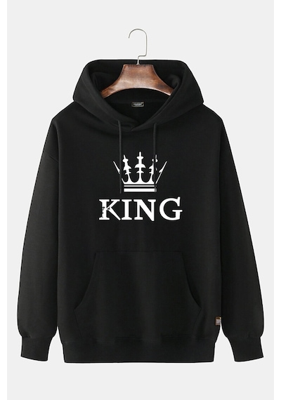 Unisex Siyah-beyaz Önü King Baskılı Kapşonlu Sweatshirt Siyah-beyaz