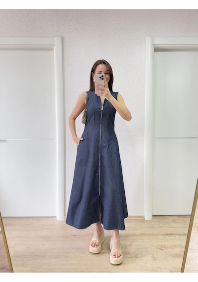 Mbb E-ticaret Kadın Jeans Kot Önü Tam Fermuarlı Uzun Elbise - Mavi