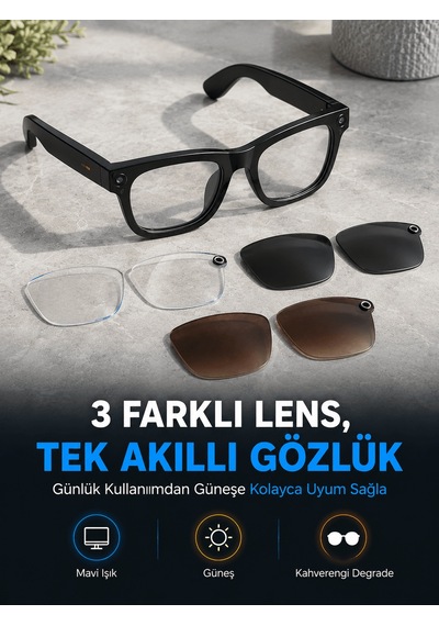 Siyah Akıllı Kamera Gözlüğü Fotoğraf Video Çekimli Bluetooth Aramalı Aı Destekli 3 Değiştirilebilir