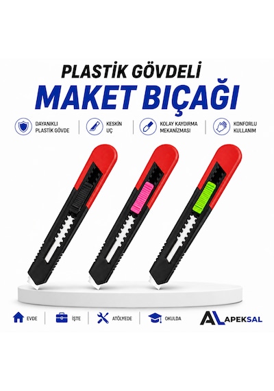 Plastik Gövdeli Maket Bıçağı Falçata Sürgülü Kesici Hobi Ofis Atölye