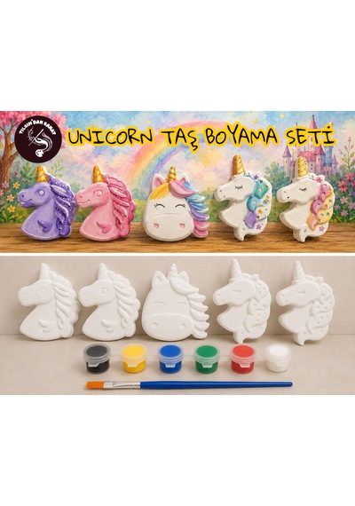 Unicorn Taş Boyama Seti 5 Obje + 6 Renk Boya + 1 Fırça + Boyama Sertifikası