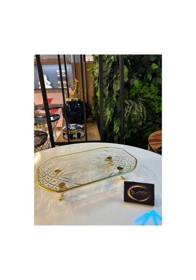 Timeless Gold Yaldızlı Metal Kısa Gold Ayaklı Dekoratif Sunumluk Tepsi, Kayık Tabak