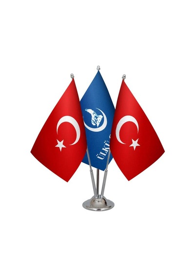 Masa Üstü Ülkü Ocakları Bayrağı Türk Bayrağı Üçlü Krom Direk Masa
