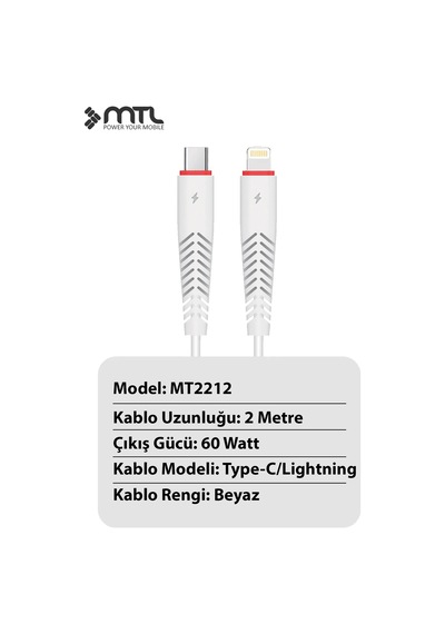60w Type-c To Lightning Turbo Hızlı Şarj Ve Data Kablosu 2 Metre Mt2212