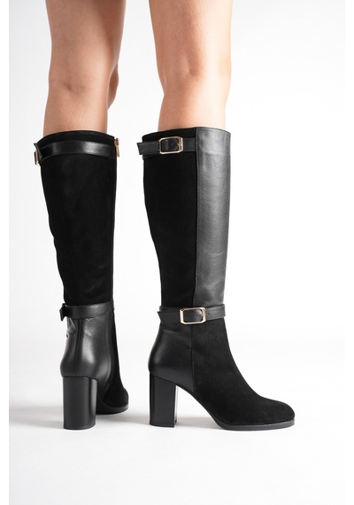 Analin Shoes Kadın Hakiki Deri Ve Süet Detaylı Çift Kemer Tokalı Topuklu Çizme Siyah
