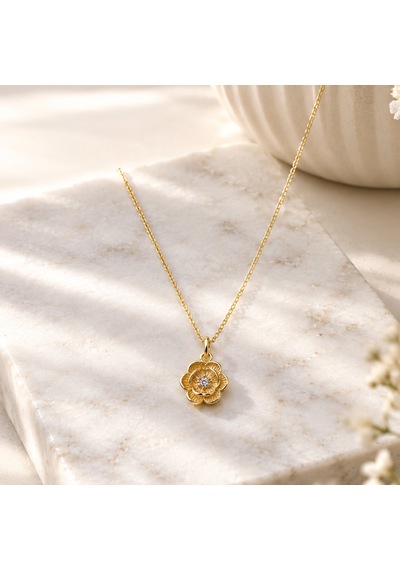 925 Ayar Gümüş Altın Kaplama Taşlı Minimal Çiçek Kolye Gold
