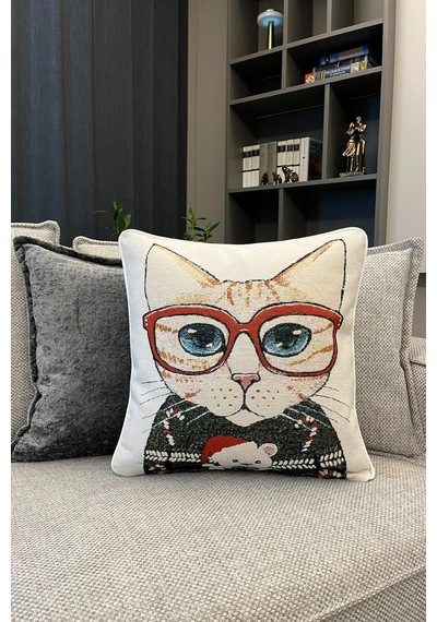 Kırlent Kılıfı Goblen Dokuma Kumaş - 45x45cm Çift Taraflı Biyeli Dekoratif Kırlent Kılıfı - Vs-0050 Çok Renkli