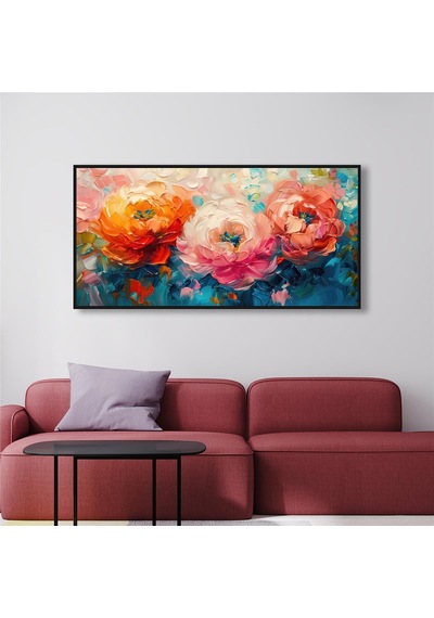 Yağlı Boya Dokulu Tablo Renkli Modern Yatay Çiçekler Siyah Çerçeveli U02043-178896