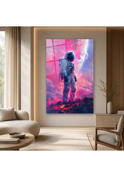 Pembe Bulutlarda Yürüyen Astronot Çerçevesiz Cam Tablo