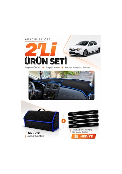 E-biz Renault Symbol Üst Kapaklı 2013-2021 Uyumlu Torpido + Tay Tüyü Çanta - Siyah-mavi - Re014