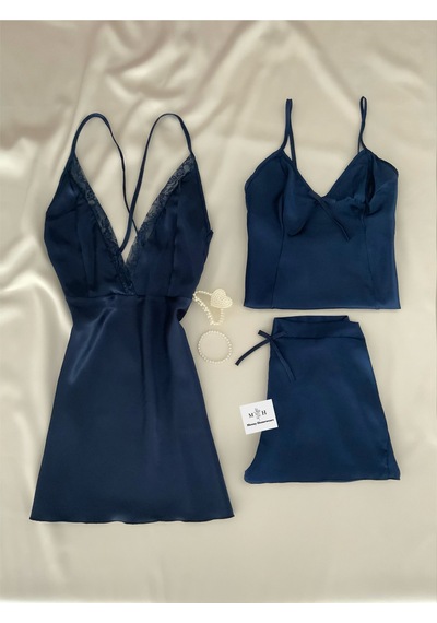 Mh Moony Homewears 3'lü Saten Lacivert Aşkı Gecelik Pijama Seti Lacivert