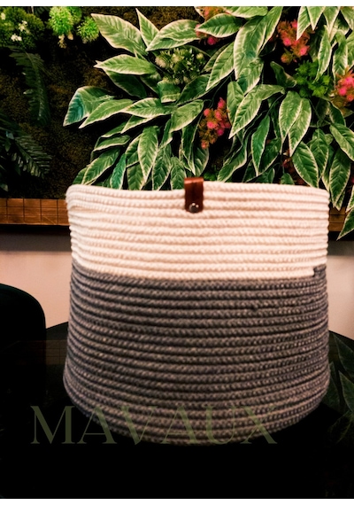 Mavaux Dekoratif Jüt Hasır Sepet Saksı 25cm X 35 Cm, Jüt Beyaz Gri Geçişli Saksılık Beyazgri