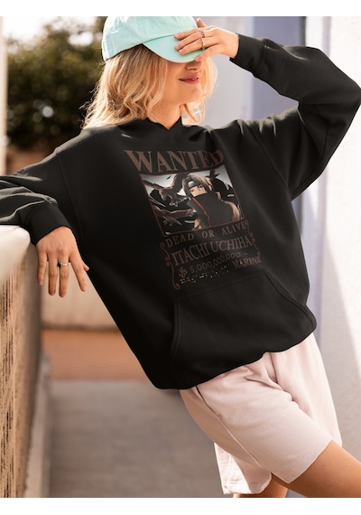 Sevbano Wanted Itachi Uchiha Baskılı Unisex Oversize Naruto Anime Hoodie Siyah