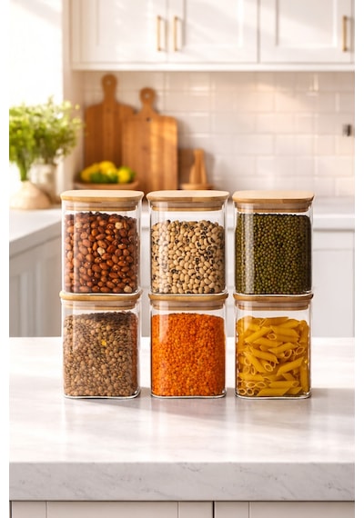 Porsima 5-3 Bambu Vakumlu Kapaklı Kare Borsilikat Cam 6lı Kavanoz Seti Saklama Kabı 750ml 7,5x15cm Ahşap - Şeffaf