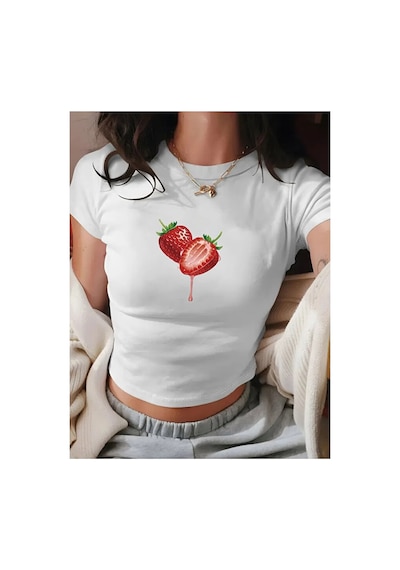 Nevermind Kadın Crop Baby Tee Çilek Baskılı Dar Kesim Pamuk Y2k Esteti Beyaz