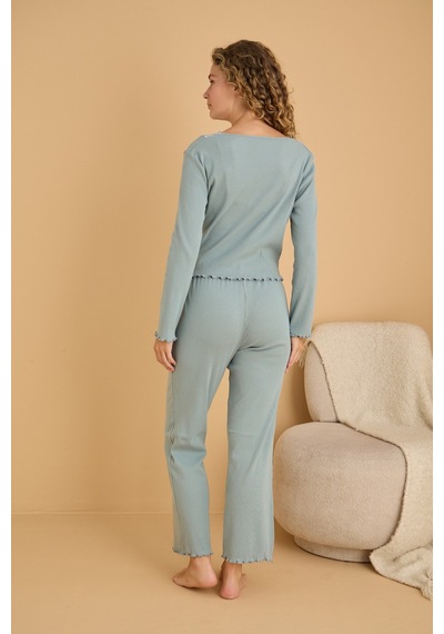 Siyah İnci Pamuklu Dantelli Fitilli Örme Pijama Takım25226005 Yeşil