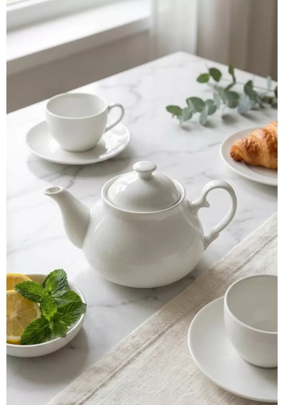 750 Ml Beyaz Porselen Demlik & Şık Kahvaltı Ve Çay Saati Sunum Gereci Siyah