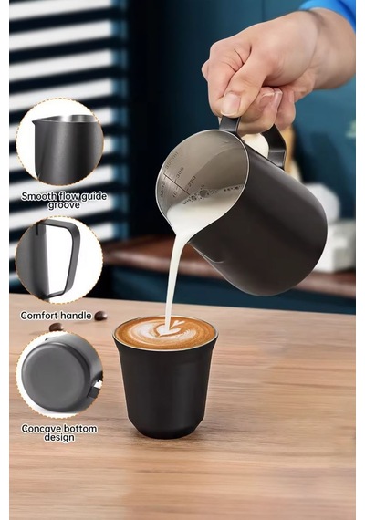 304 Çelik 350 Ml Siyah Teflon Kaplama Kahve Süt Köpürtme Potu Sütlük Pitcher
