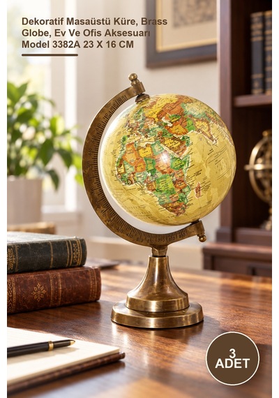 3 Adet Pirinç Dünya Küre Dekoratif Masaüstü Küre, Brass Globe, Ev Ve Ofis Aksesuarı Model 3382a 23 X 16 Cm 1
