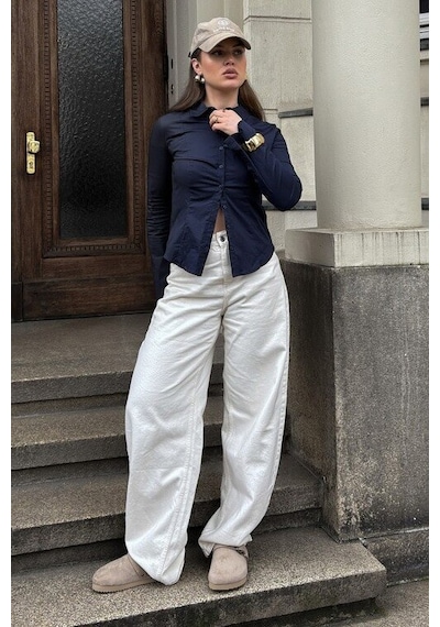 Madmext Lacivert Vücuda Oturan Çizgili Slim Fit Kadın Gömlek Mg2659