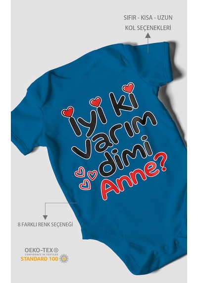 Morivokids İyi Ki Varım Dimi Anne Kısa Kollu Bebek Body %100 Pamuk Koyu Mavi
