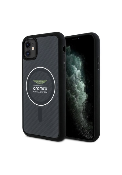 Apple Uyumlu iPhone 11 Kılıf Aston Martin Lisanslı Magsafe Uyumlu Renkli Halka Ve Karbon Fiber Kapak Siyah-gümüş -