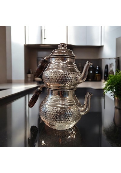 Bakır Çaydanlık & Bakır Demlik El Yapımı Zımba Desenli Gümüş Renk Gümüş