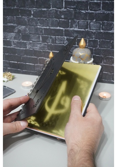 Elif Vav Siyah Ahşap Kapaklı Defter - Ajanda - Günlük - Dini Çizgisiz Defter-a5 Notebook-hediyelik