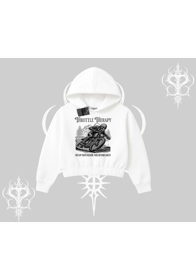 Startmore Kapşonlu Crop Sweatshirt Throttle Therapy No Brakes Just Freedom Beyaz