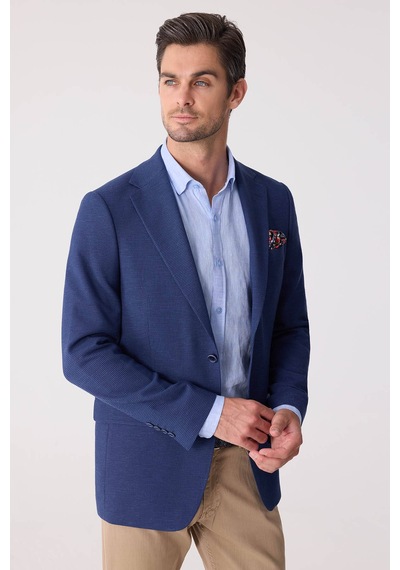 Erkek Lacivert Regular Fit Keten Karışımlı Mono Yaka Ceket