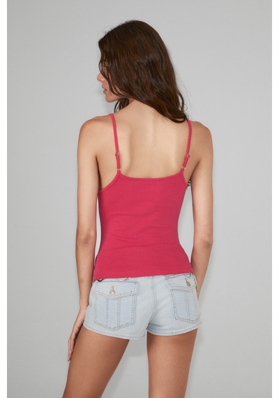 Grımelange Lorea Kadın Yumuşak Ve Esnek Kumaşlı Baskı Ve Taş Detaylı Slim Fit Fuşya Atlet