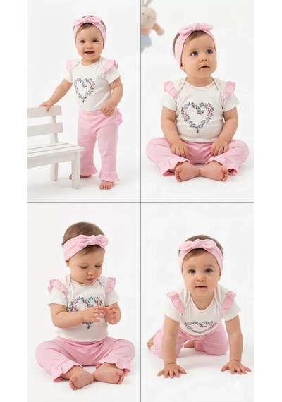 Pekminibebe 3/12 Ay Bandanalı Pamuk Bebek Takımı Pembe