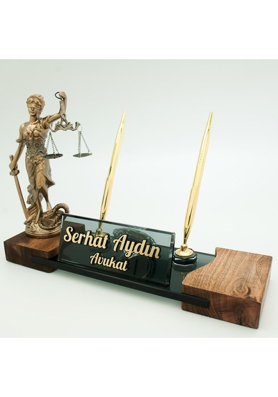 Avukatlara Özel İsimlik Adalet Themis Heykeli Masif Masa İsimliği