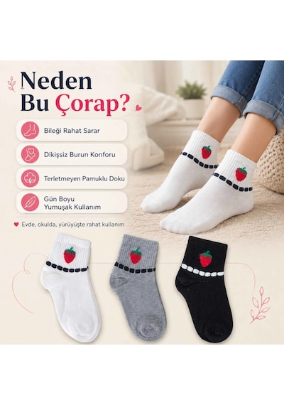 Kadın Çilek Desenli Kısa Konç Çorap 12'li Paket, %80 Pamuklu Dikişsiz Burun, Nefes Alan Yumuşak Bile Diğer