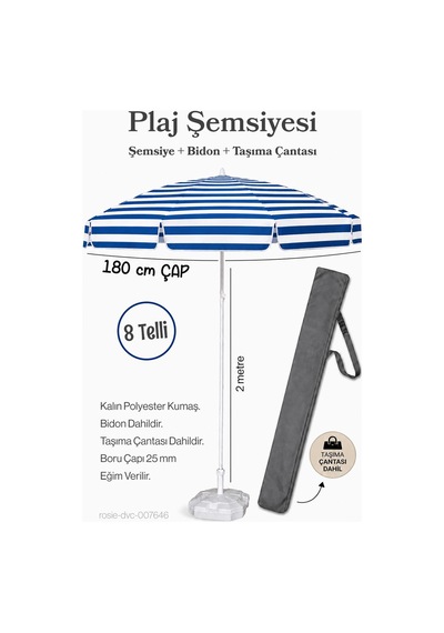 Plaj Şemsiyesi Mavi Beyaz 180 Çap / 8 Telli + Bidon + Taşıma Çantası Dahil Mavi - Beyaz